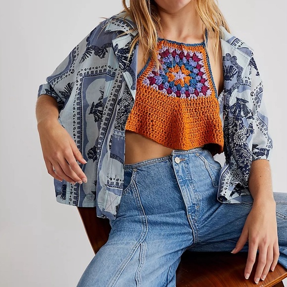 NEW FREE PEOPLE - Multicolored Crochet Crop Top with Diamond Cut in Size Small - Picture 2 of 8